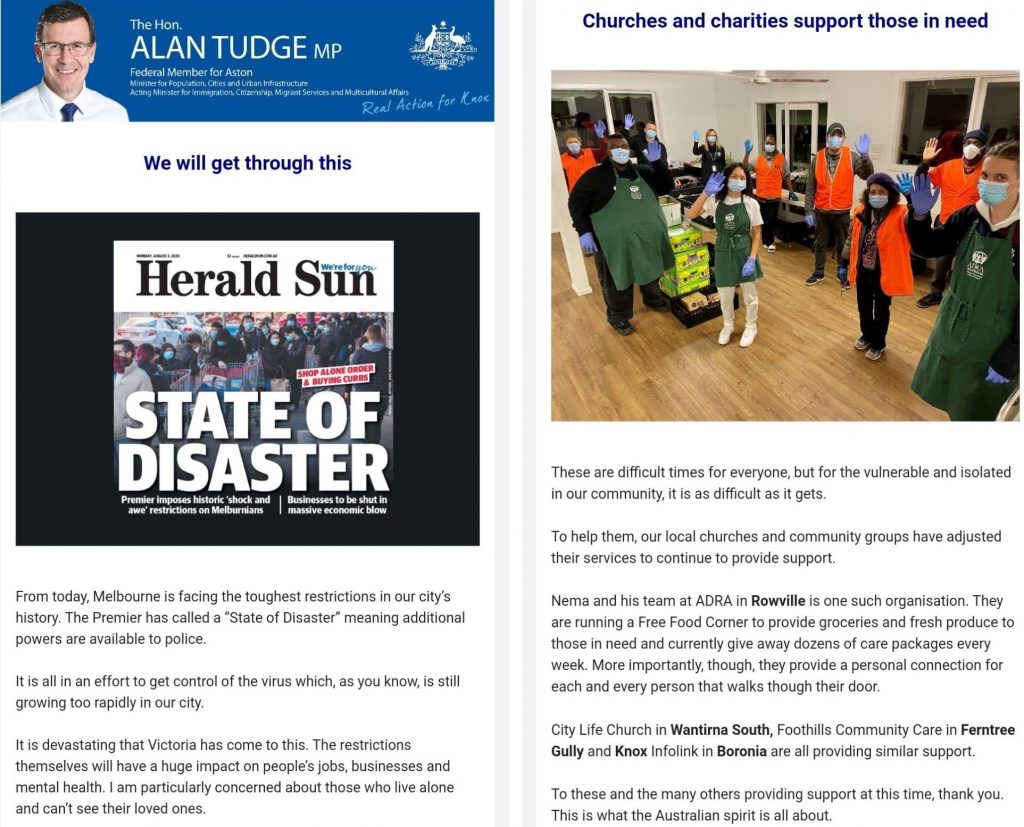 Email from MP Alan Tudge featuring article about ADRA's response in Victoria