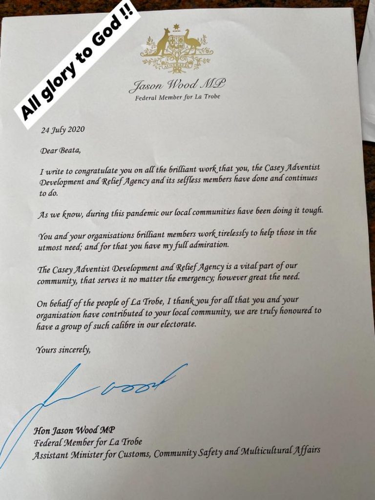 Letter of thanks from MP Jason Wood