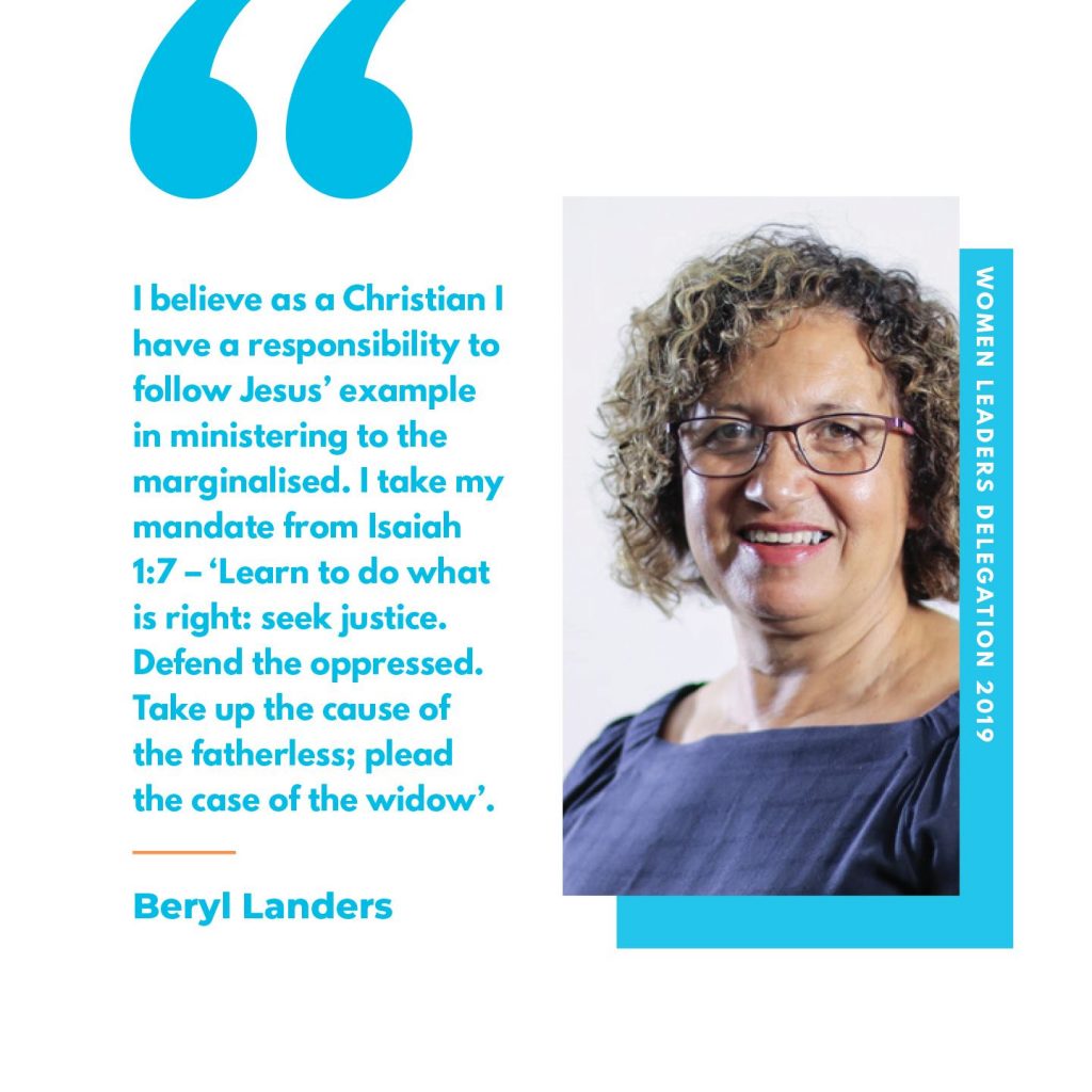 Picture of Beryl with quote: "I believe as a Christian I have a responsibility to follow Jesus' example in ministering to the marginalised. I take my mandate from Isaiah 1:7 - 'Learn to do what is right: seek justice. Defend the oppressed. Take up the cause of the fatherless; plead the case of the widow.'